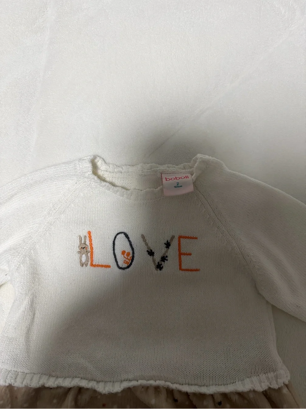 Girls' White Knit Top with Beige Polka Dot Skirt - LOVE Embroidered